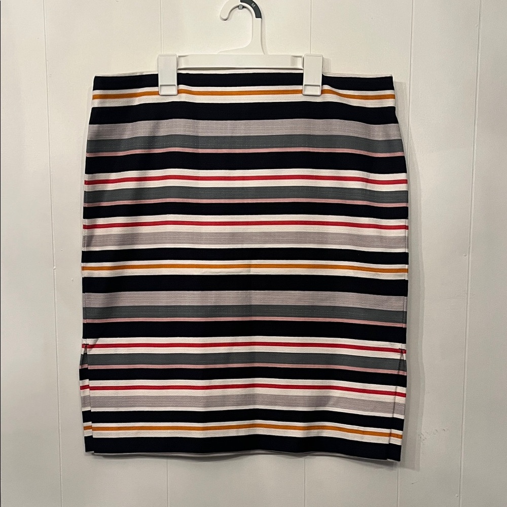 LOFT Striped Pencil Skirt in Black, Gray, White with Red and Mustard Bands